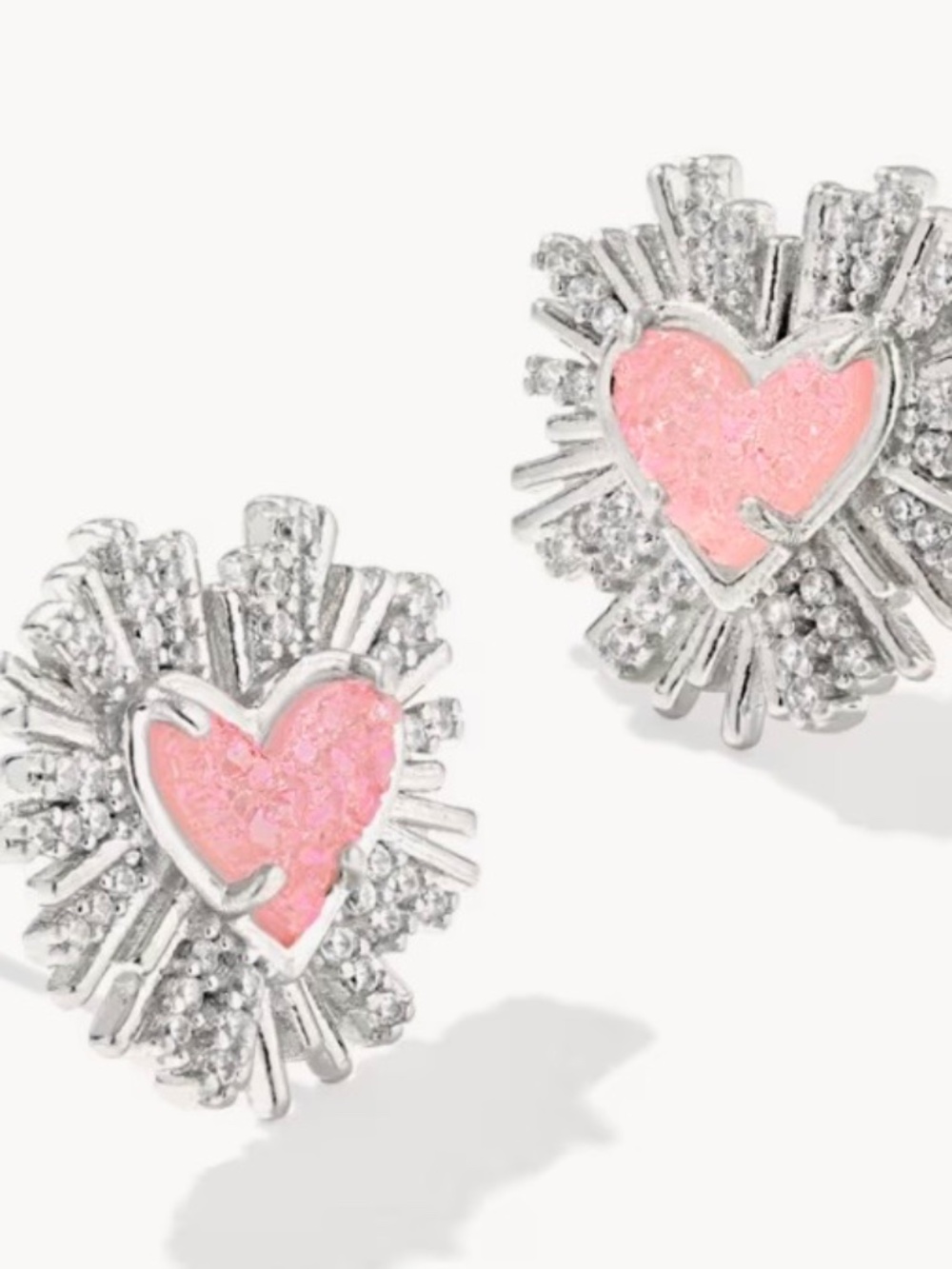 Dolly Parton x Kendra Scott Ari Heart Silver Stud Earrings in Light Pink Drusy